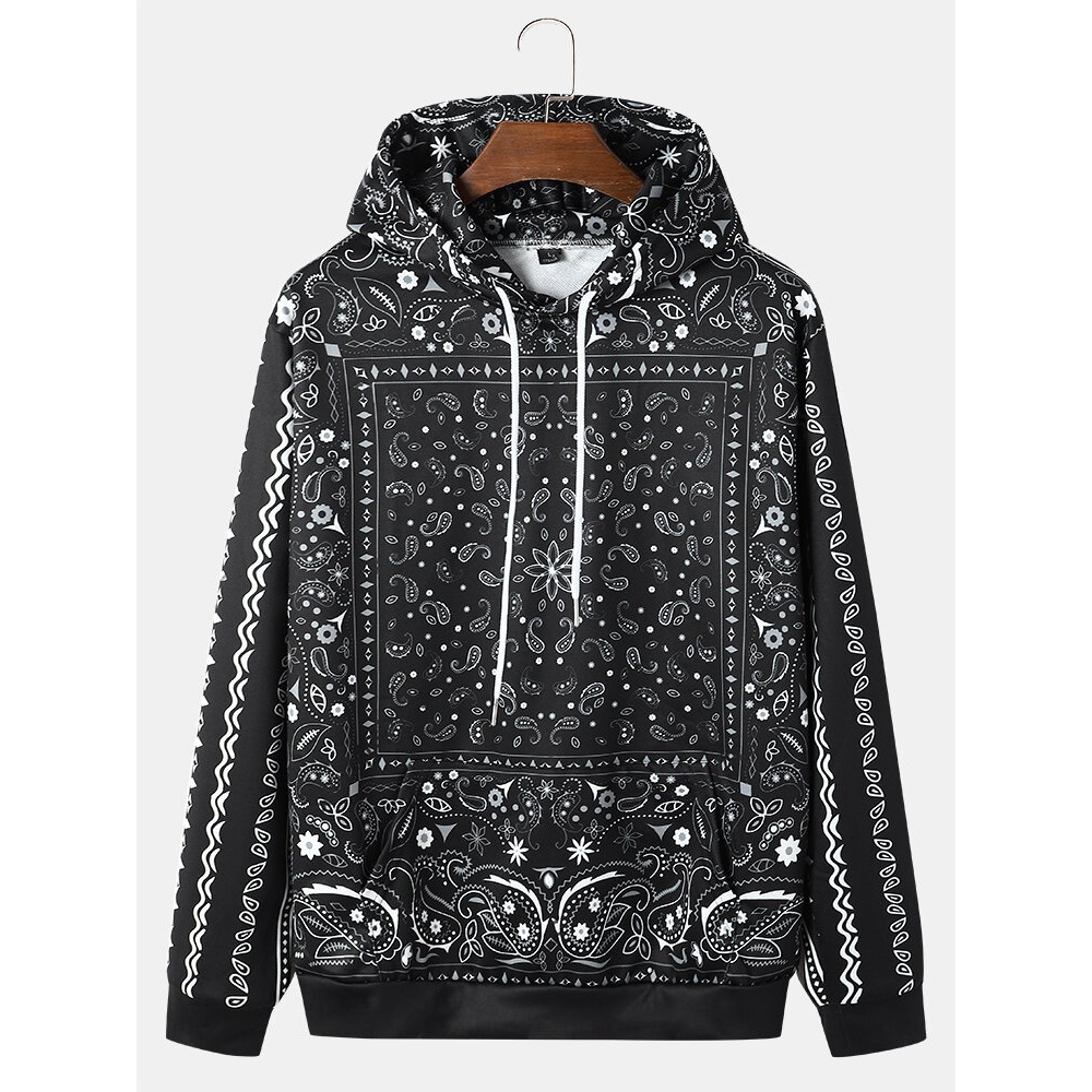 Men Retro Paisley Ethnic Front Pocket Pattern Drawstring Hoodies - Black S