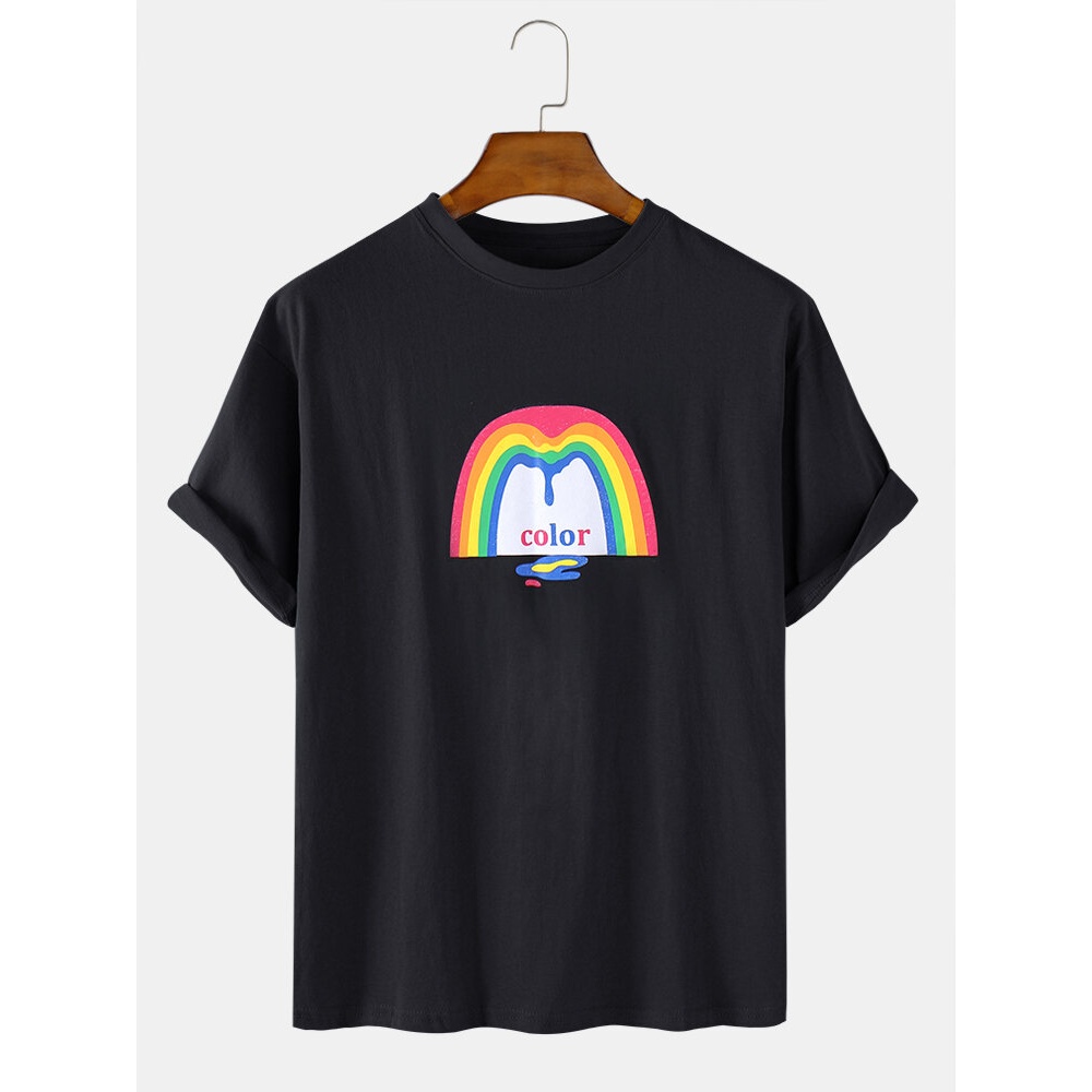 Mens Rainbow Graphic Print Cotton Round Neck Casual Short Sleeve T-Shirt - Green S