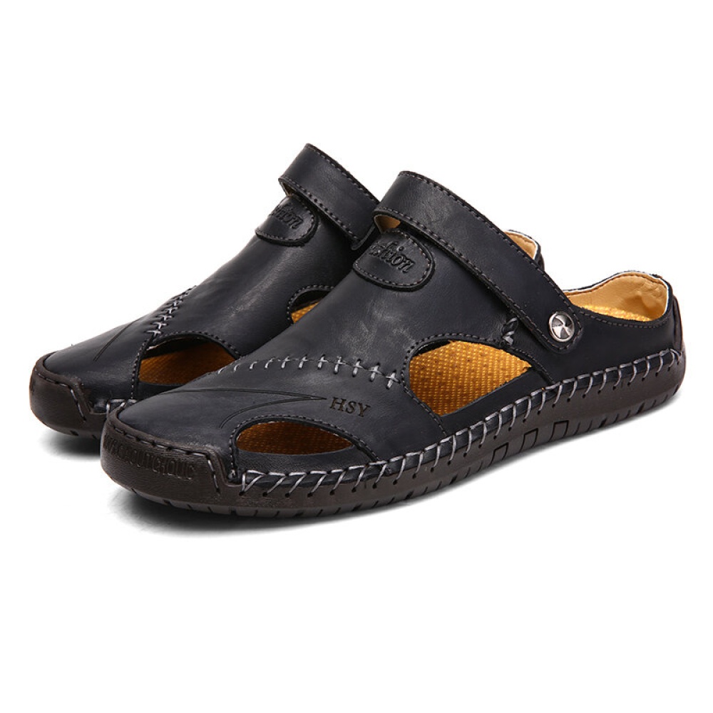 Men's Leather Sandals & Slippers Shoes Beach Hand Stitching Closed Toe Soft Slip On Casual - Light Brown 39 - Image 2