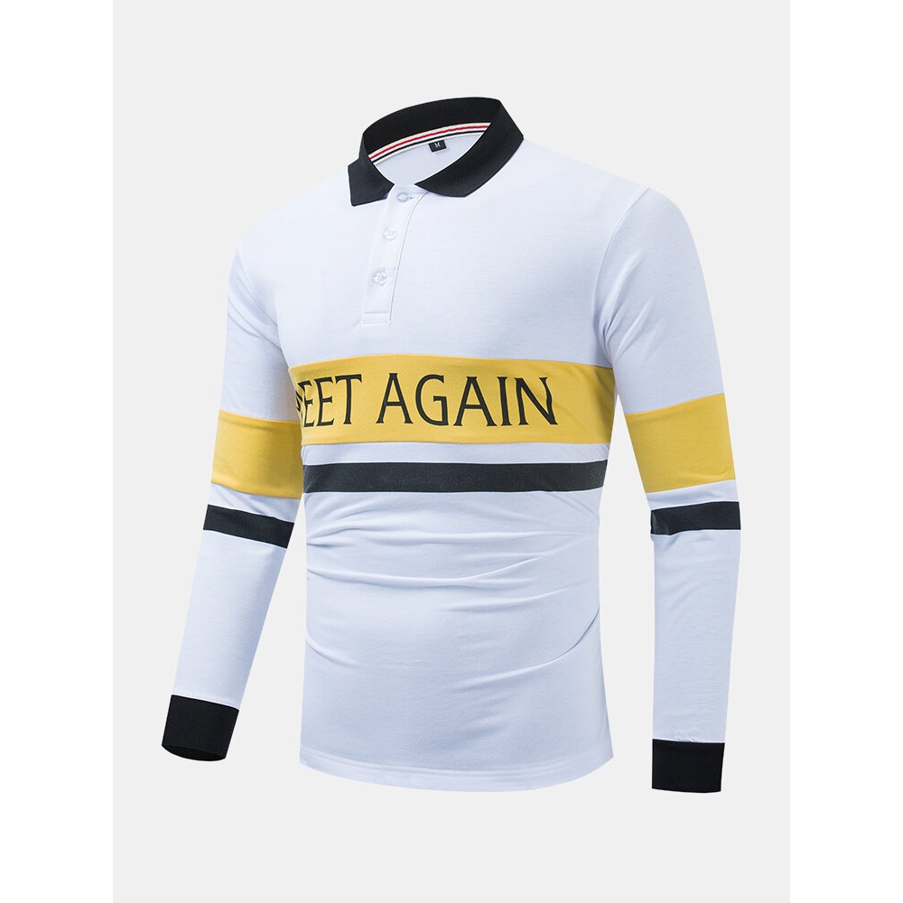 Mens Contrast Patchwork Letter Print 100% Cotton Casual Long Sleeve Golf Shirts - White S