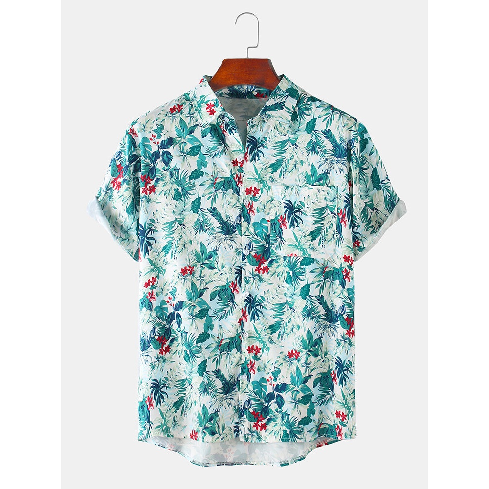 Mens Leaves Print Hawaii Holiday Short Sleeve Shirts - Green L