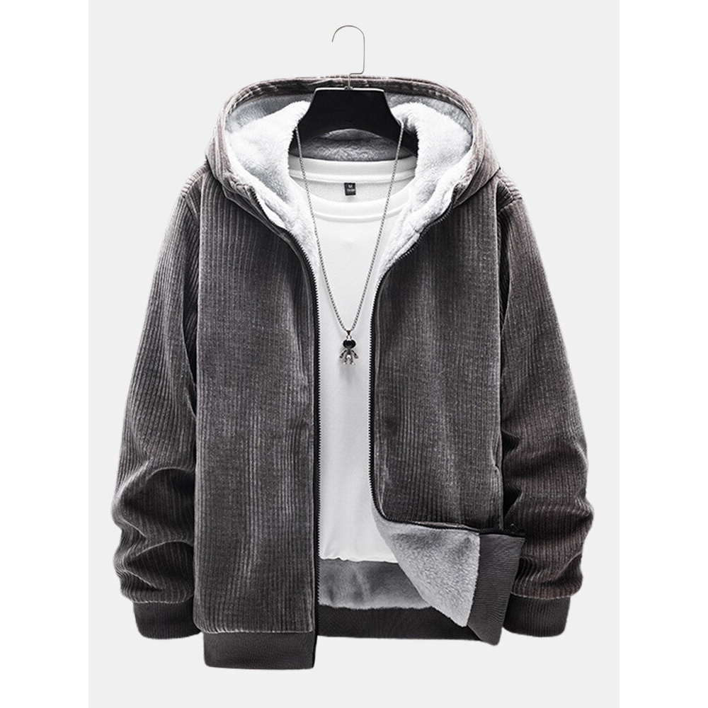 Men Corduroy Plus Velvets Hooded Warm Pure Zipper Retro Jackets - Black S