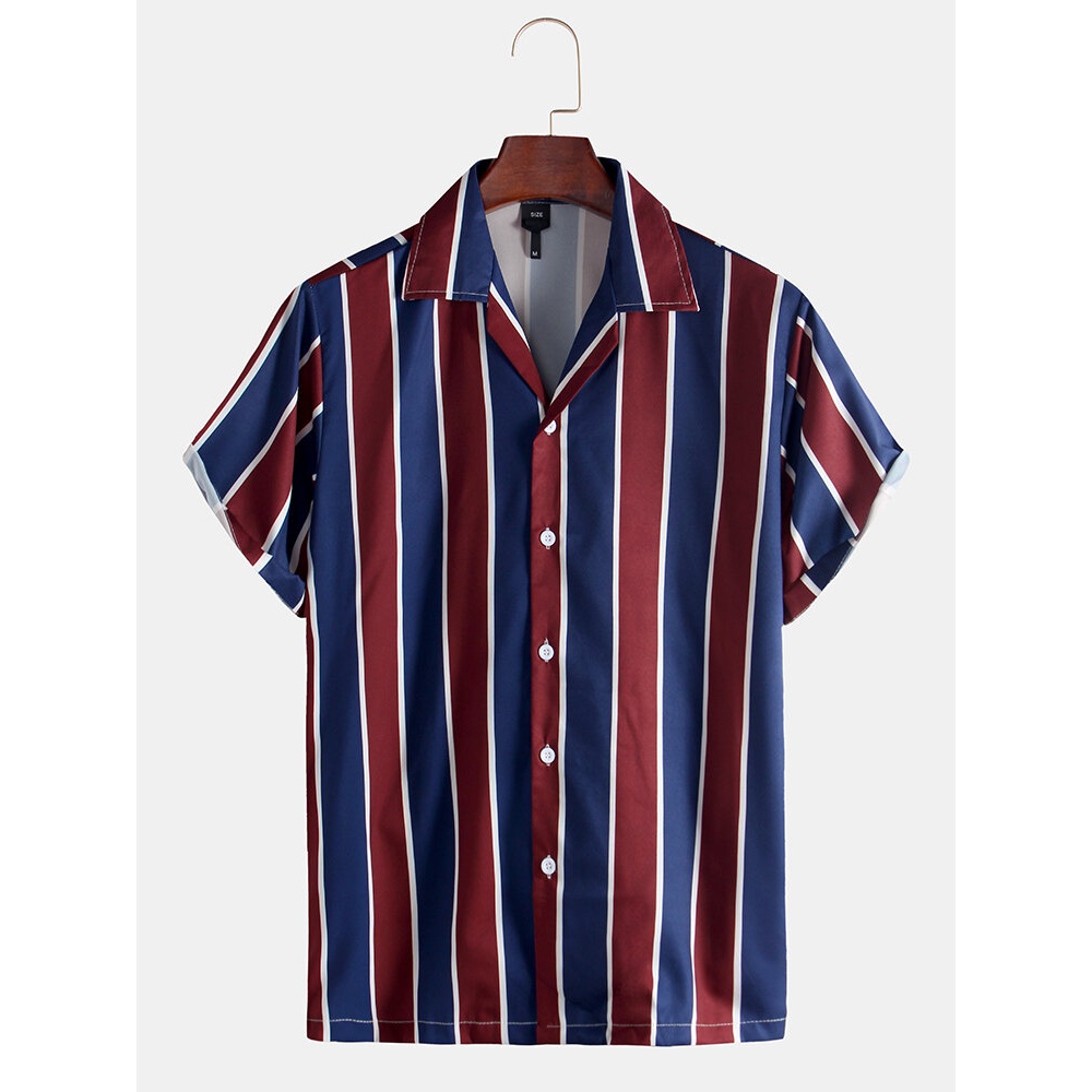 Mens Colorful Stripe Short Sleeve Casual Holiday Shirts - L Black