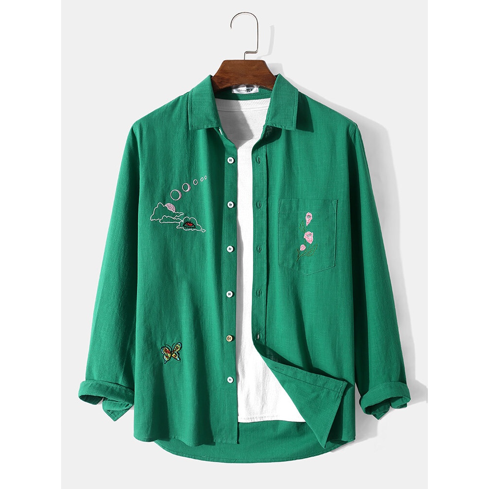 Men Embroidered 100% Cotton Long Sleeve Lapel Collar Curved Hem Casual Shirts - Green S