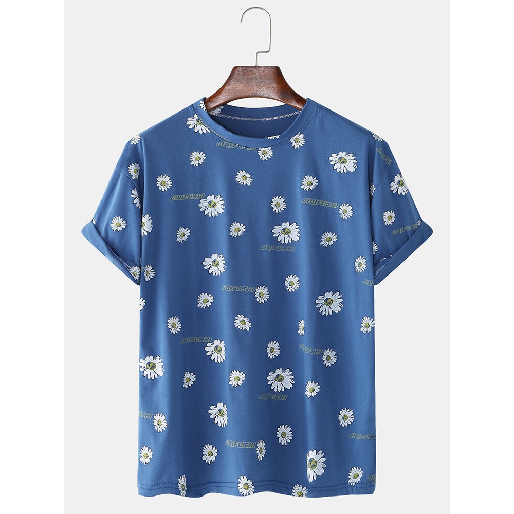 Mens Daisy Printed Cotton Casual O-Neck Short Sleeve T-Shirts - Pink 2XL
