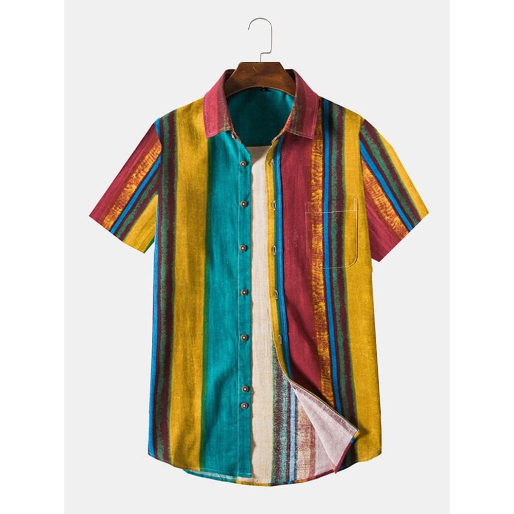 Mens Casual Cotton Linen Breathable Colorful Striped Shirts - Blue XL