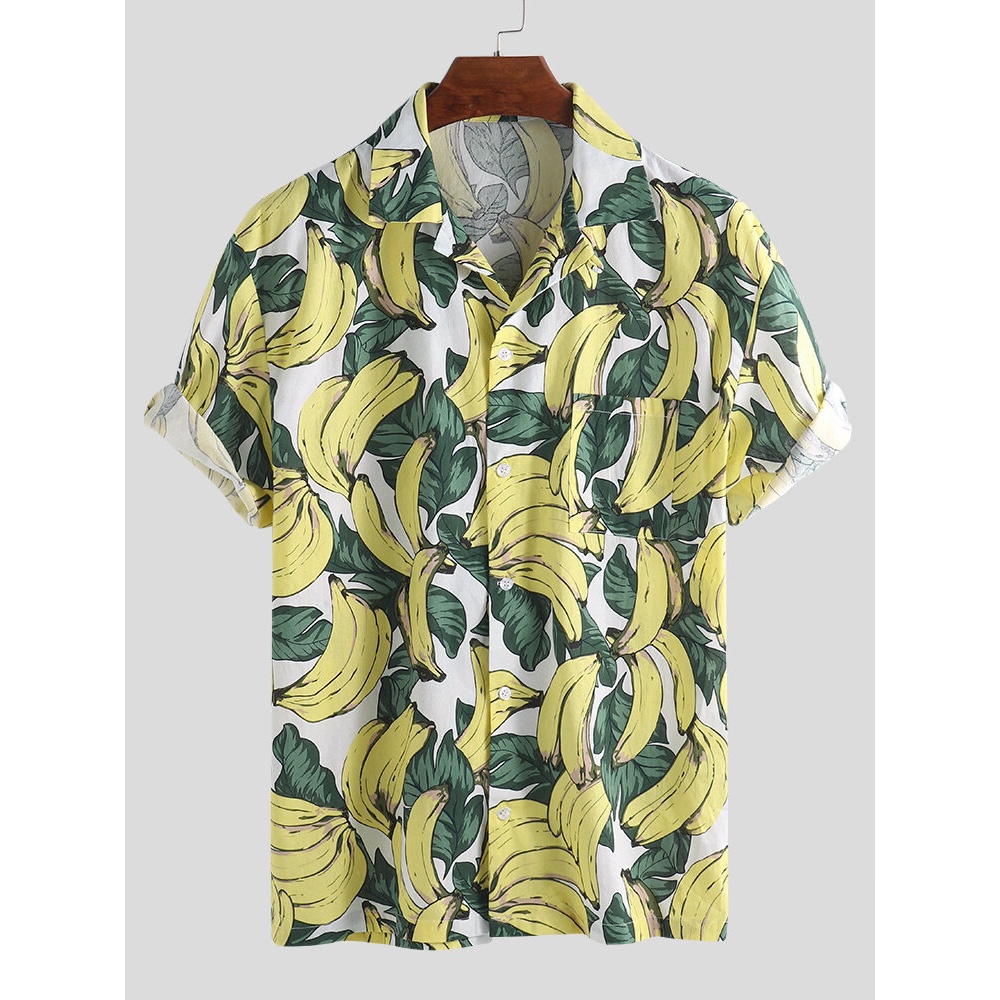 Mens Banana Printing Casual Loose Summer Vacation Shirts - 3XL Black