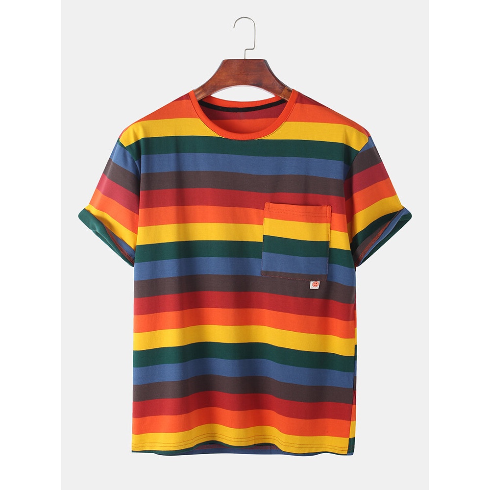 Mens Multicolor Stripe Chest Pocket Casual Short Sleeve T-Shirts - Orange S