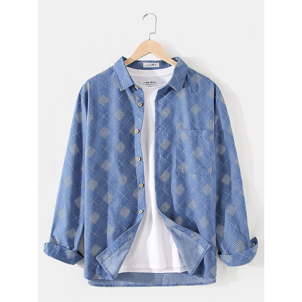 Mens Cotton Line Print Button Up Pocket Long Sleeve Imitation Denim Shirts - Blue S