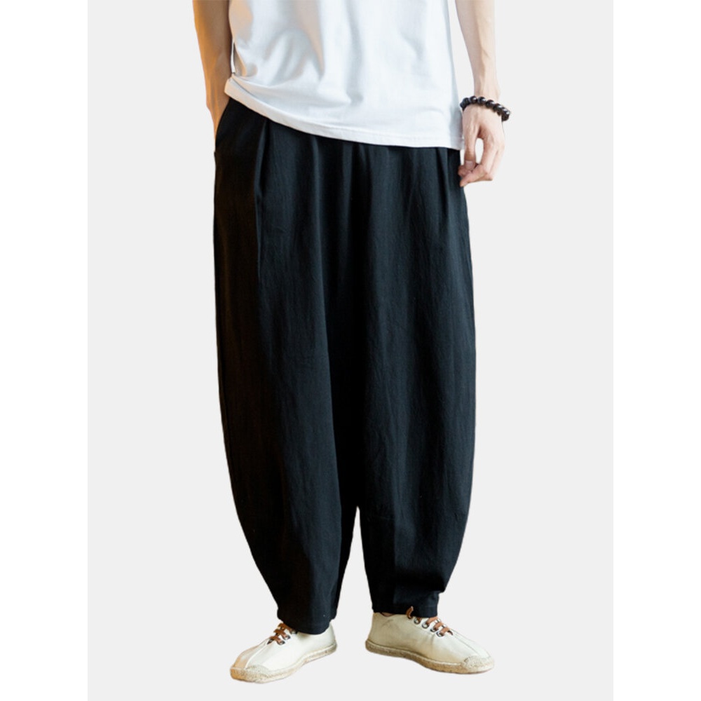 Cotton Linen Solid Color Drawstring Harem Pants With Pocket For Men - Black 2XL