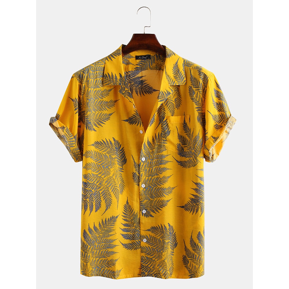 Pine Leaves Print Cotton Short Sleeve Relaxed Shirts - S Green