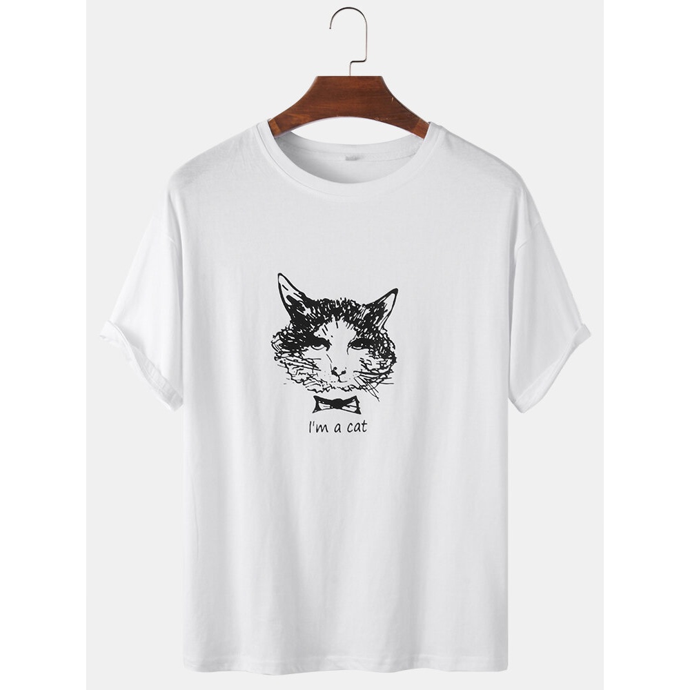 Mens Cotton Abstract Cat Print Loose Light Casual Round Neck T-Shirts - Dark Grey M