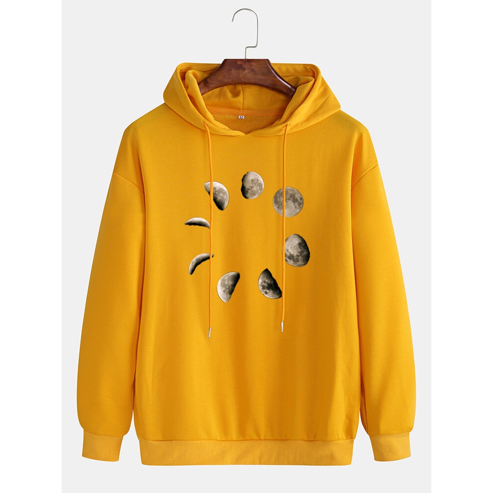 Mens Moon Graphic Chest Print Casual Drawstring Loose Hoodie - Black M
