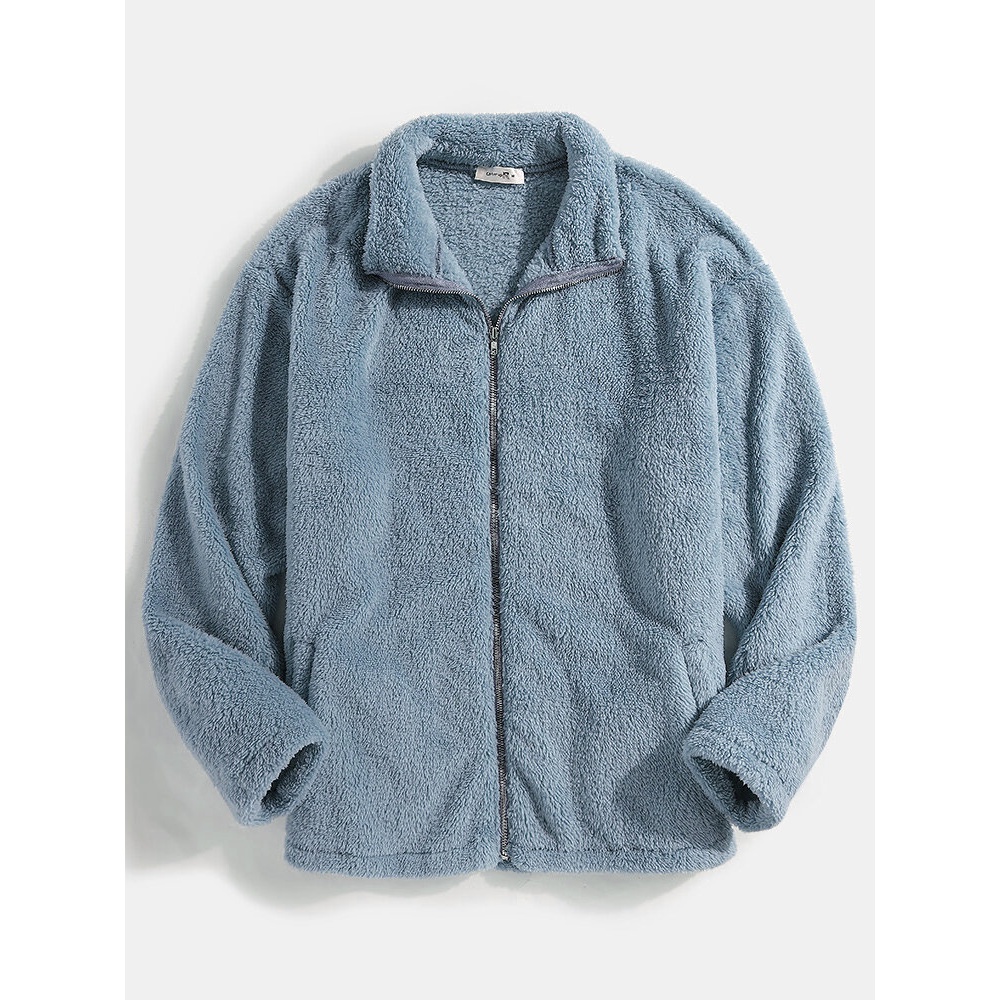 Mens Zipper Slant Pocket Plush Long Sleeve Teddy Hoodie Fluffy Jacket - Purple S