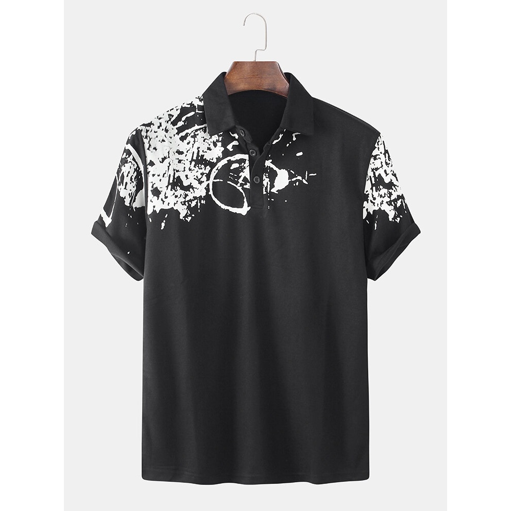 Mens Abstract Print Fold Down Collar Short Sleeve Casual Golf Shirts - White L