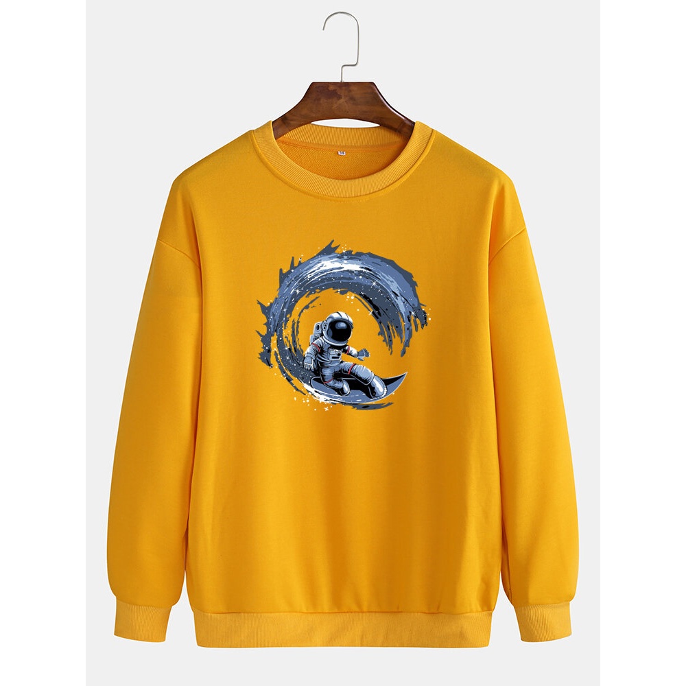 Mens Astronaut Surf Graphic Round Neck Cotton Drop Shoulder Sweatshirts - Black L