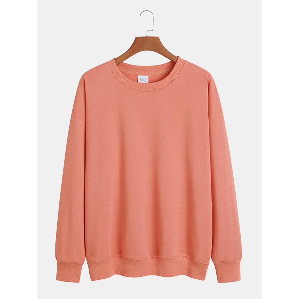 Mens Cotton 13 Color Solid Basic Elastic Hem Crew Neck Pullover Sweatshirts - Black XL