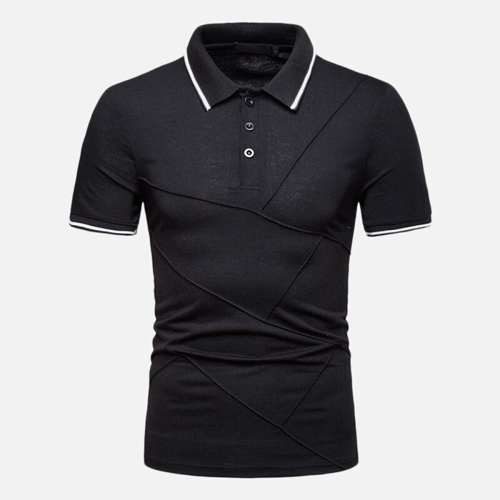 Mens Business Turn-down Collar Splice Cotton Slim Golf Shirts - S Black