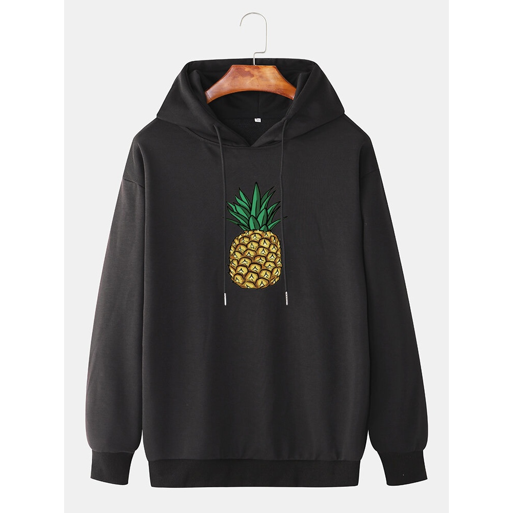 Mens Simple Pineapple Print Long Sleeve Casual Hoodies - Black L