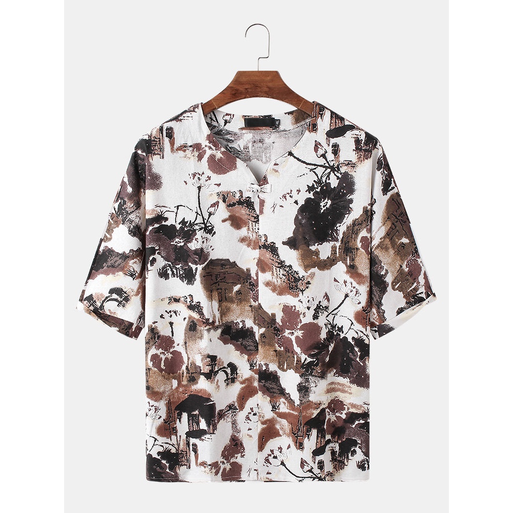 Mens Chinese Style Print Frog Short Sleeve Cotton Casual Shirts - Coffee M