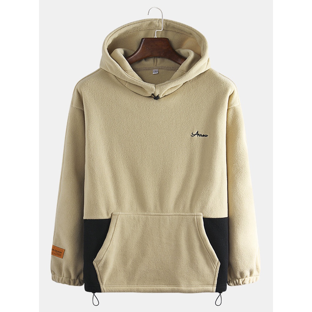 Mens Sport Hooded Thick Patchwork Long Sleeve Casual Sweatshirt - 2XL Khaki