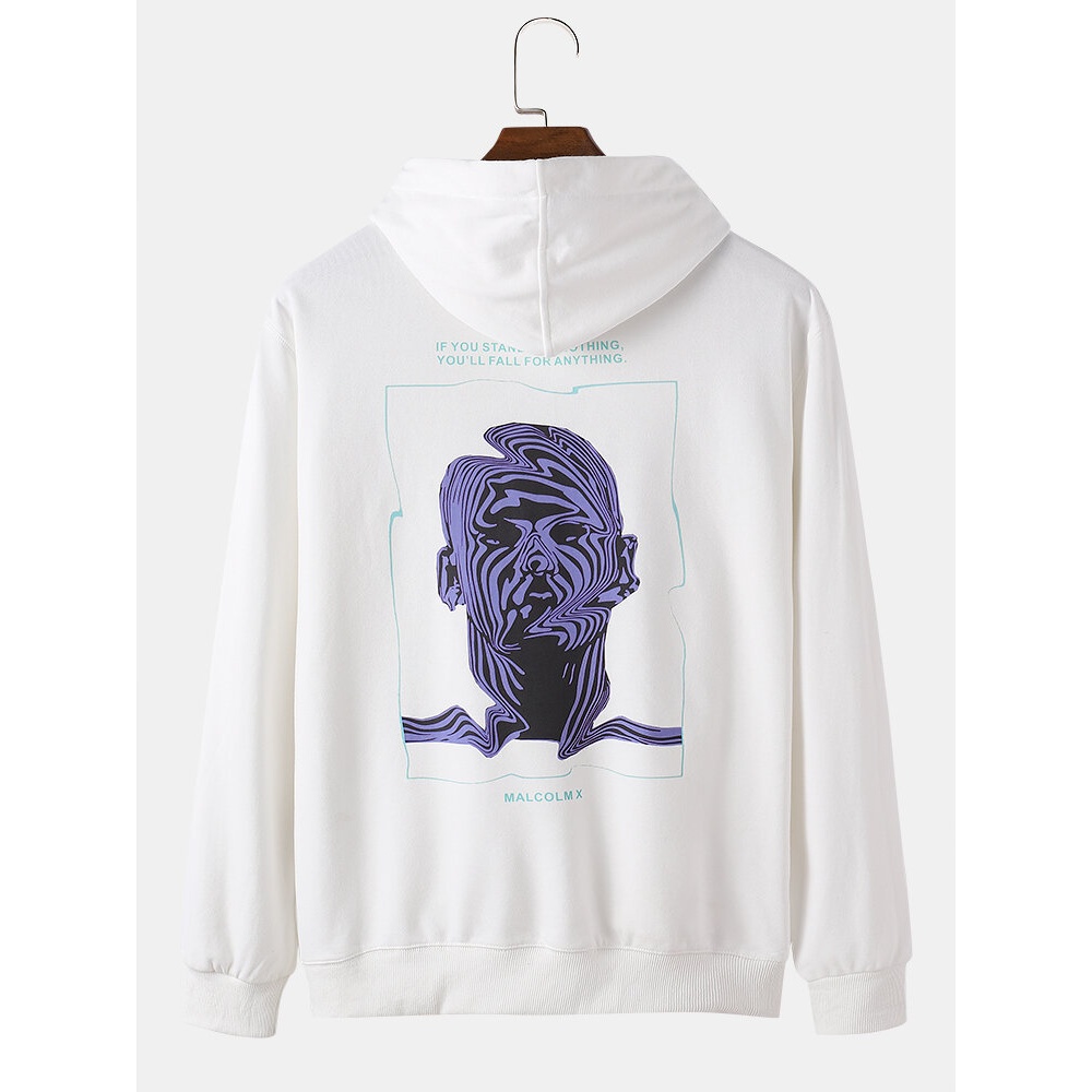 Mens Abstract Portrait Slogan Back Print Cotton Street Drawstring Hoodies - White XL