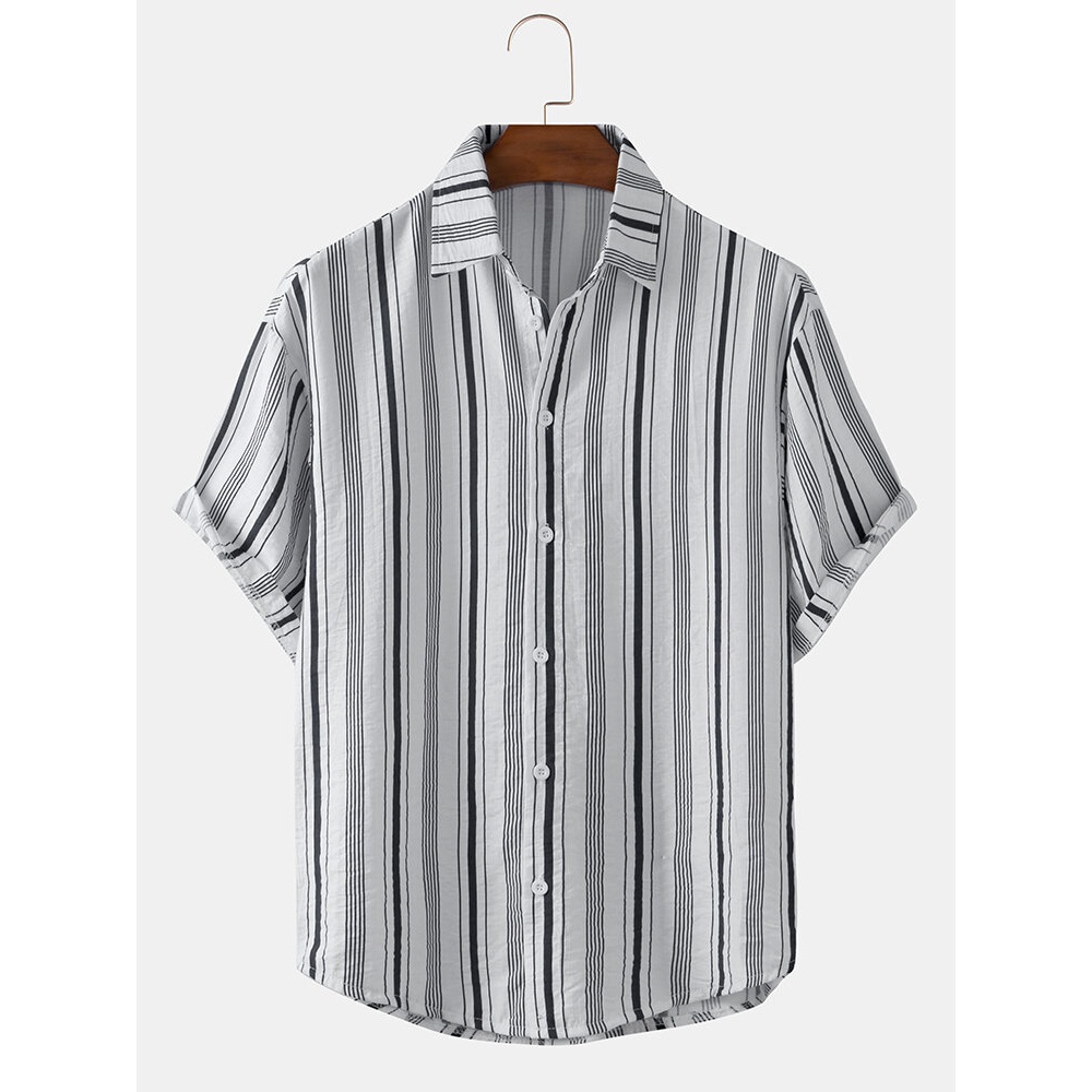 Mens Cotton Striped Button Up Casual Short Sleeve Shirts - White M