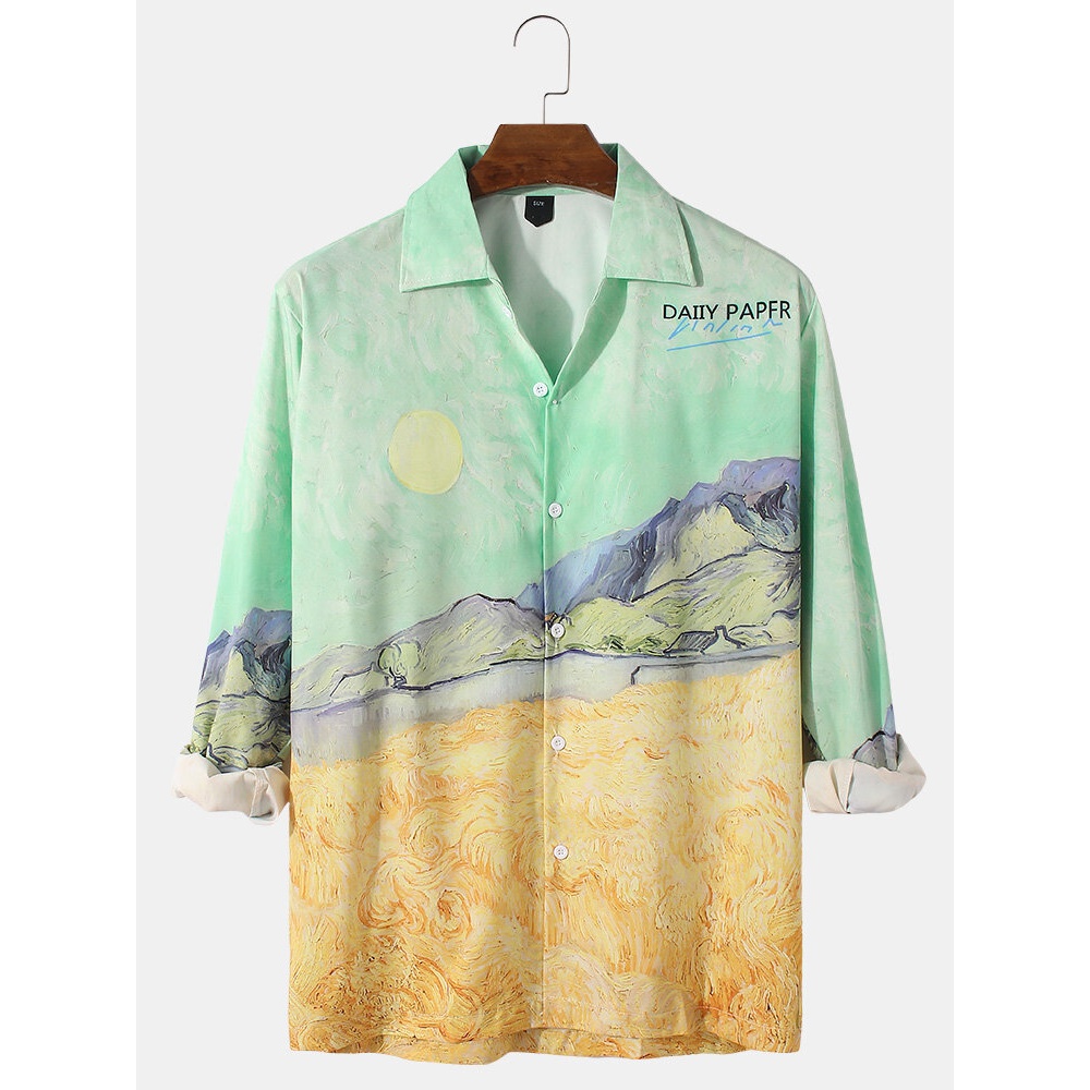 Mens Allover Field Painting Letter Print Lapel Casual Long Sleeve Shirts - M Green