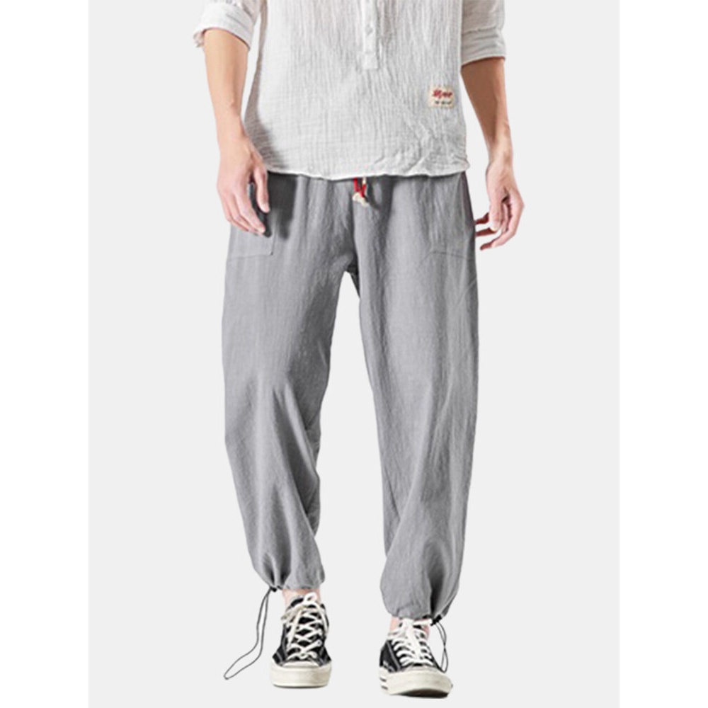 Cotton Mens Solid Color Pocket Elastic Waist Drawstring Casual Pants - Grey XL