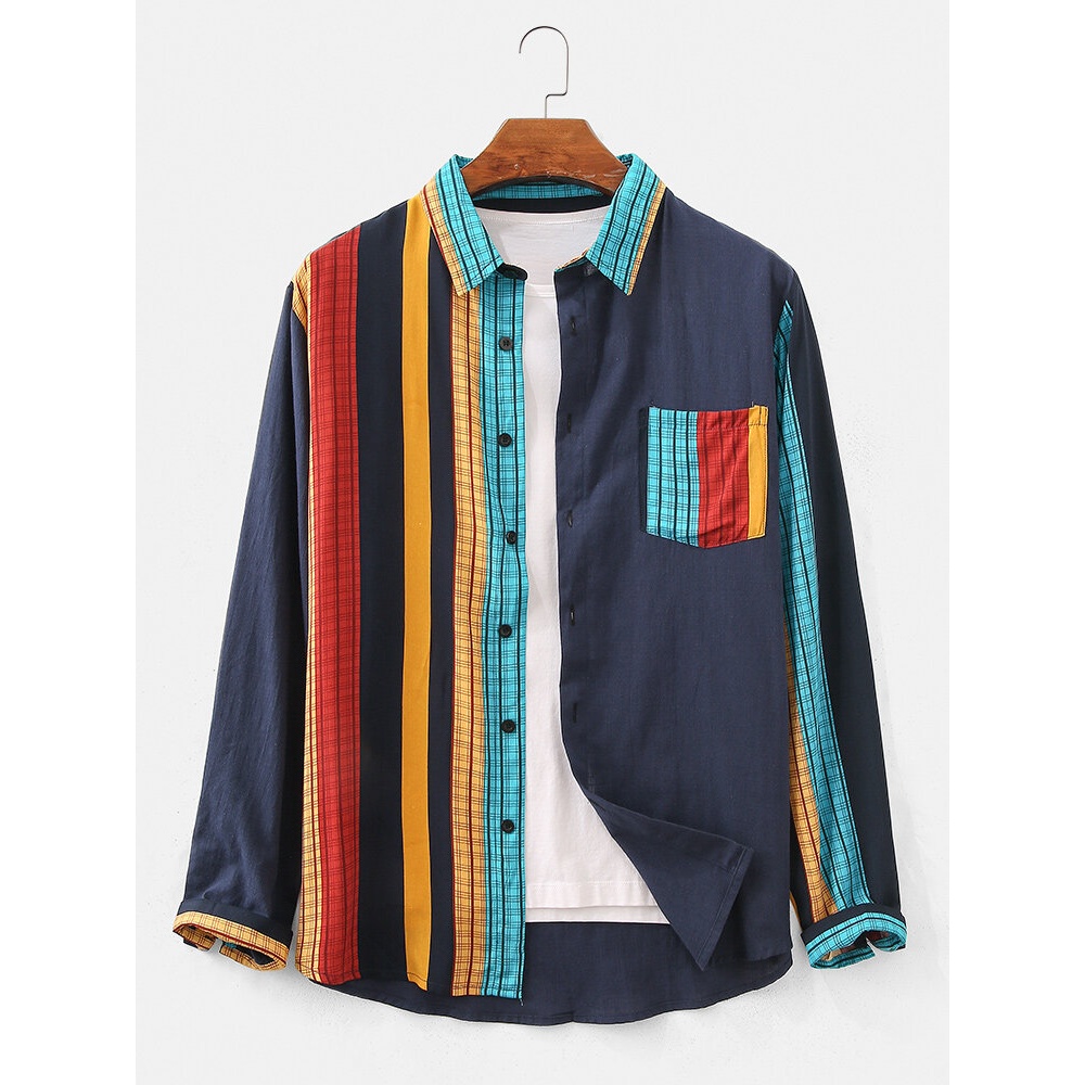 Mens 100% Cotton Solid Plaid Patchwork Turn Down Collar Long Sleeve Shirts - Yellow XL