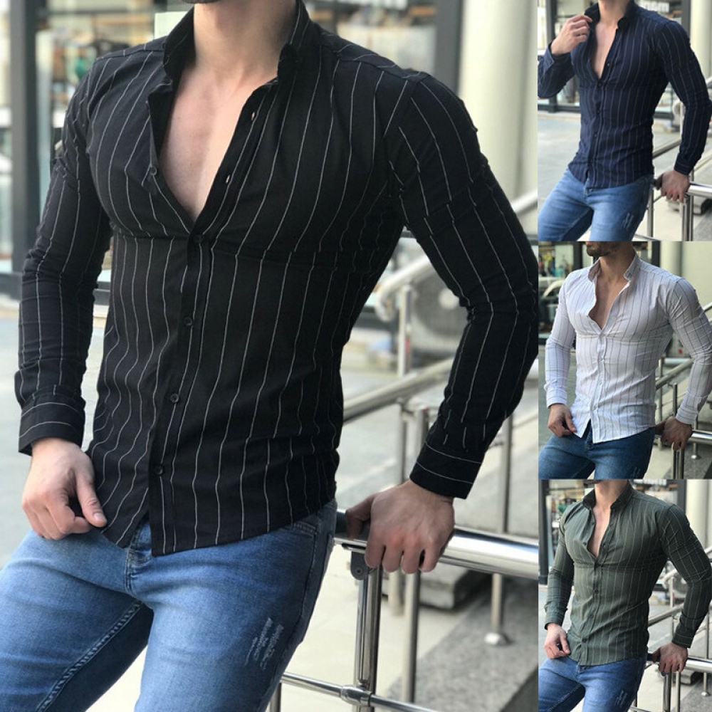 Mens Long Sleeve Casual Striped Dress Shirts Button Down Formal Work Tops Blouses - XL Navy - Image 2