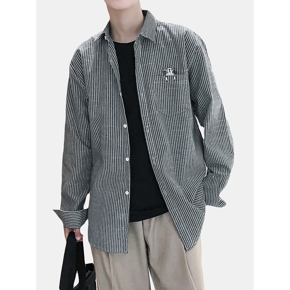 Men's Fashion Striped Long-sleeved Shirts - S Red