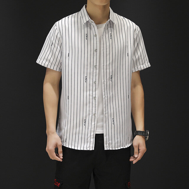 Japanese Large Size Striped Shirt Fashion Business Casual Men's Short-sleeved Shirt Men's Shirt - M Navy - Image 2