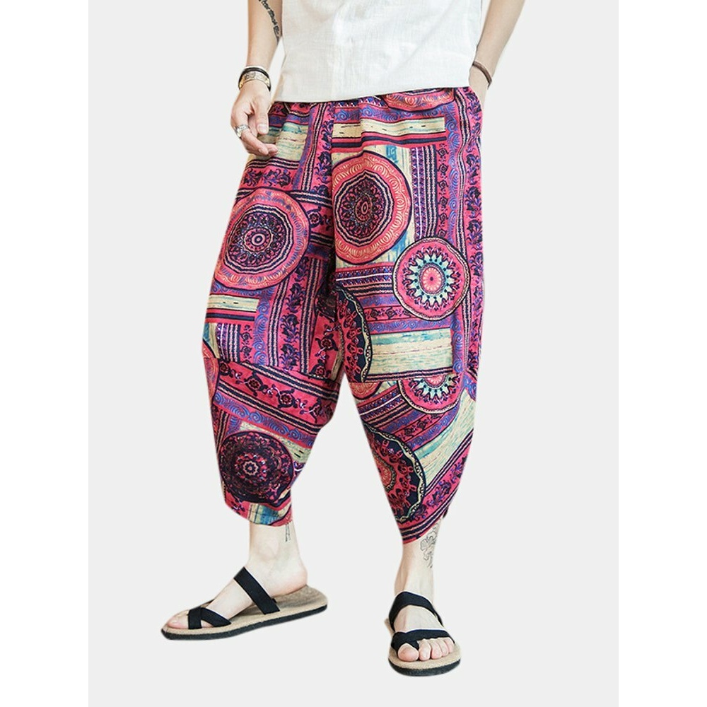 Ethnic Style Printing Baggy Harem Pants - S Red