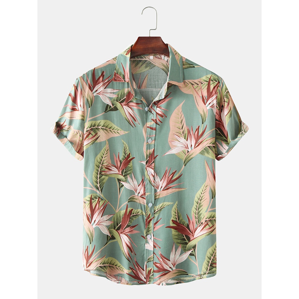Men Cotton Floral Print Turn Down Collar Hawaii Holiady Short Sleeve Shirts - Green S