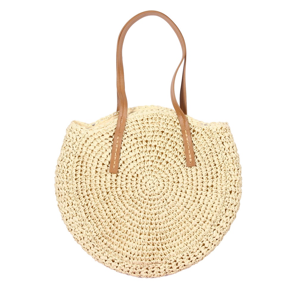 Women Beach Woven Straw Bag Bucket Rattan Shoulder Handbag Outdoor Travel - Coffee