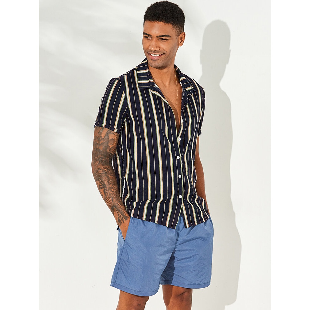 Mens Vertical Striped Summer Short Sleeve Fashion Shirts - 3XL Navy