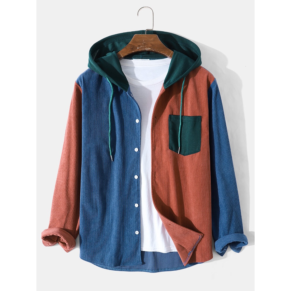 Mens Corduroy Patchwork Contrast Color Pocket Casual Hooded Shirt - Royal Blue S