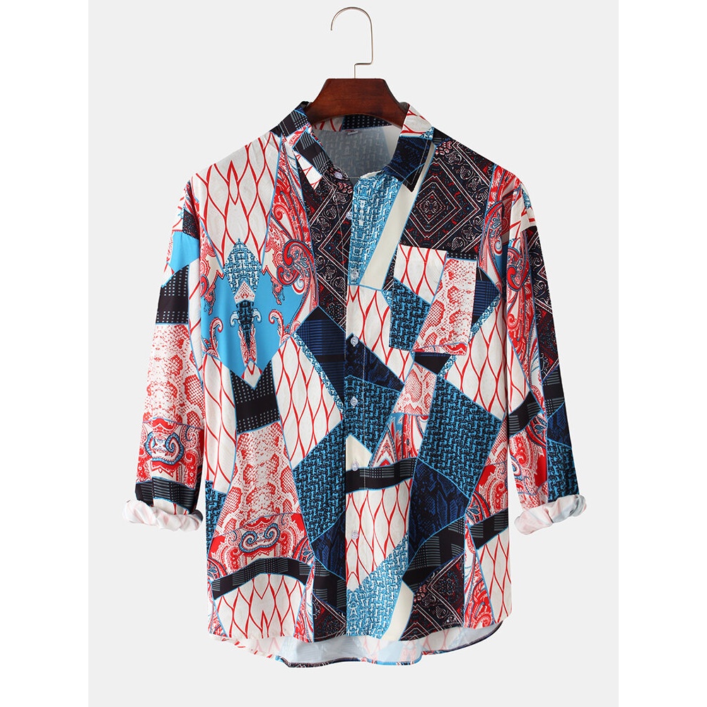 Mens Geometric Ethnic Printed Cotton Loose Casual Long Sleeve Shirts With Pocket - Yellow 3XL