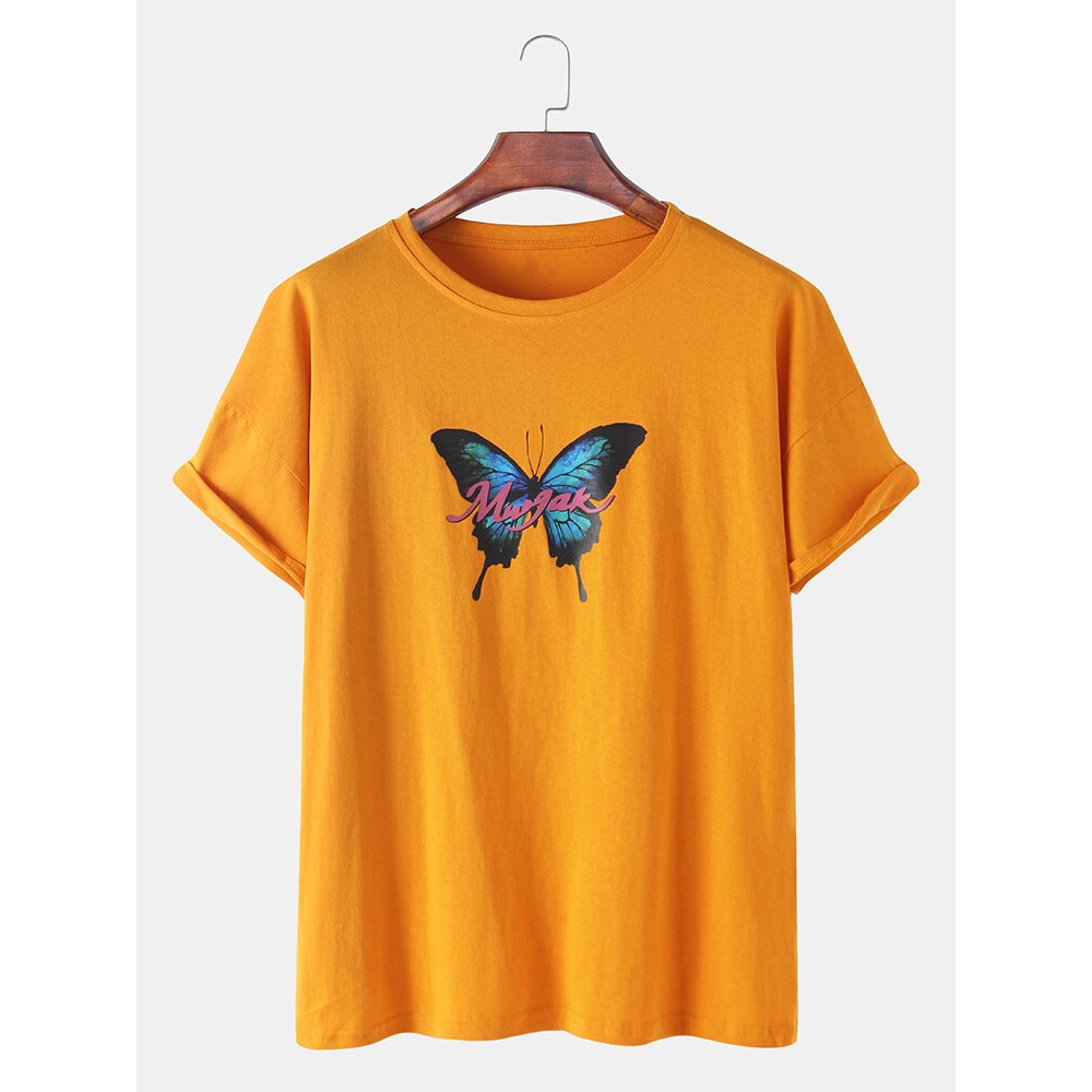 Cotton Butterfly Print Casual Short Sleeve Breathable T-Shirts - Yellow 3XL