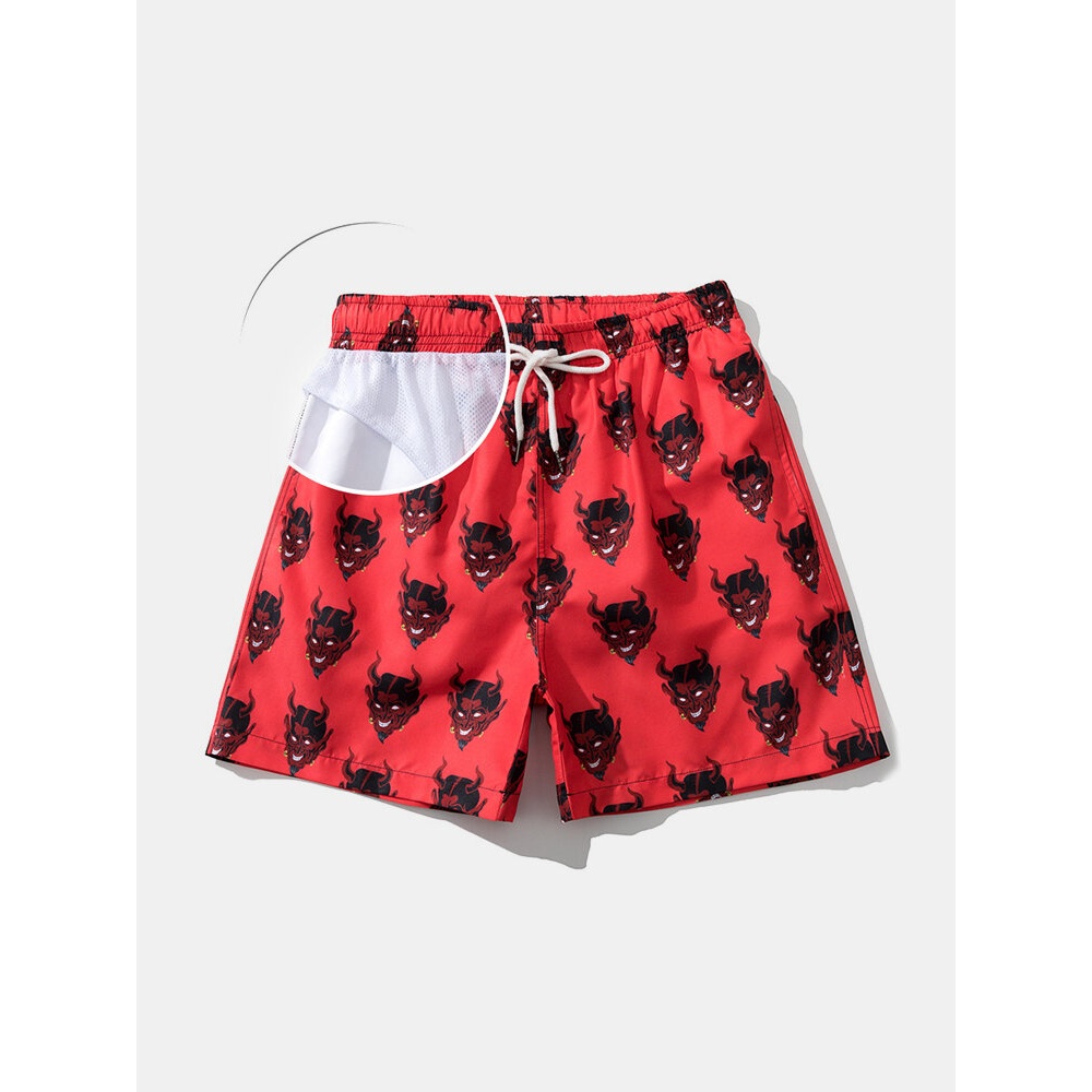Mens Demon Print Mesh Lined Beach Holiday Thin Quick Dry Loose Drawstring Board Shorts - Red M