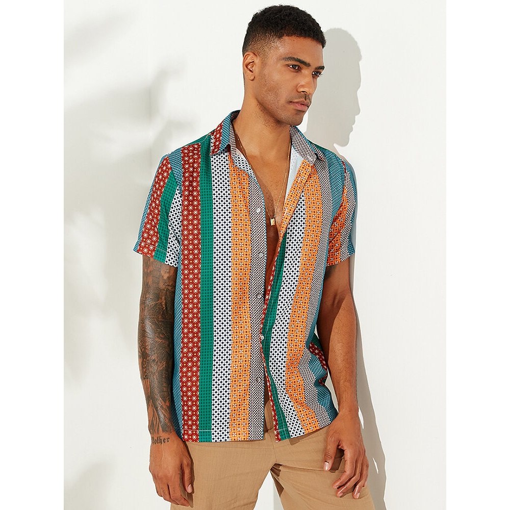 Men Colors Striped Short Sleeve Summer Fashion Printed Shirt - M As picture shows