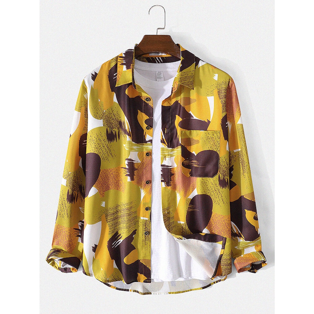 Mens Allover Printing Lapel Long Sleeve Shirt With Pocket - Yellow S
