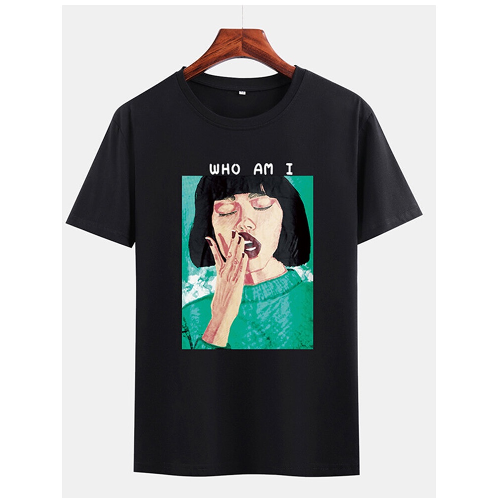 Mens Lady Oil Print Black Short Sleeve Casual T-Shirts - Black S