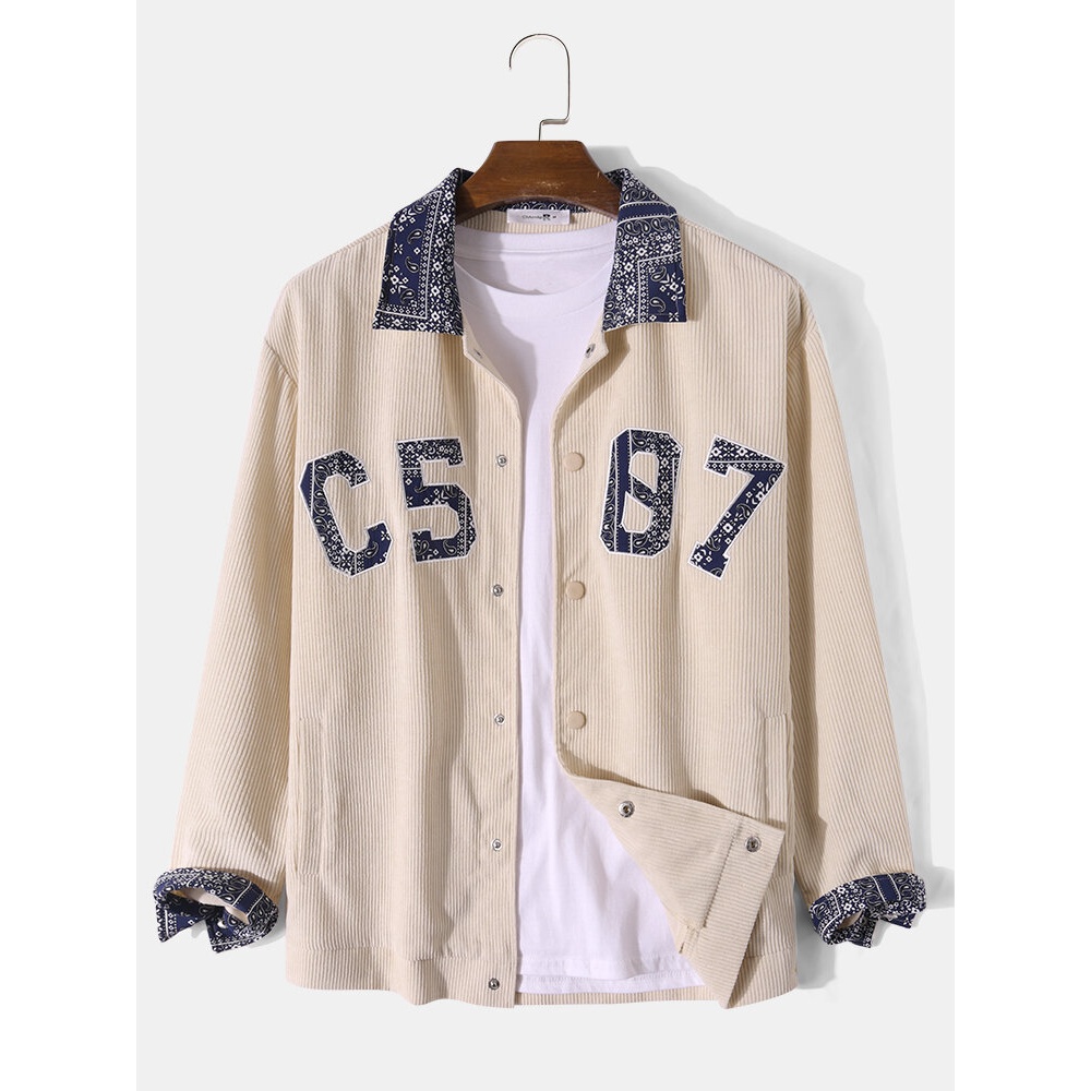 Men Paisley Corduroy Letter Print Long Sleeve Lapel Collar Casual Shirts - Apricot S