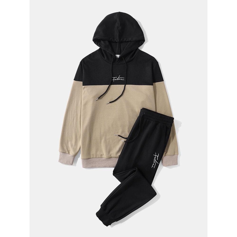 Mens Homely Patchwork Embroidery Letter Apricot Hoodies Dynamic Suits - Khaki S