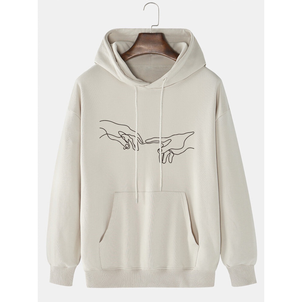 Mens Hand Graphic Print Solid 100% Cotton Casual Pullover Hoodie - White M