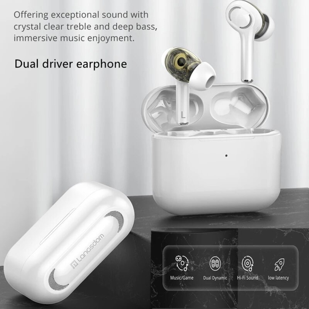 Langsdom GT4 Mini TWS bluetooth 5.0 Headset HIFI Sound Dual Dynamic Driver Waterproof Earphones - White - Image 2