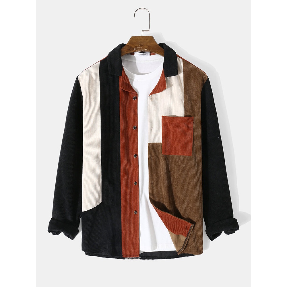 Mens Corduroy Patchwork Revere Collar Casual Shirt - Black S