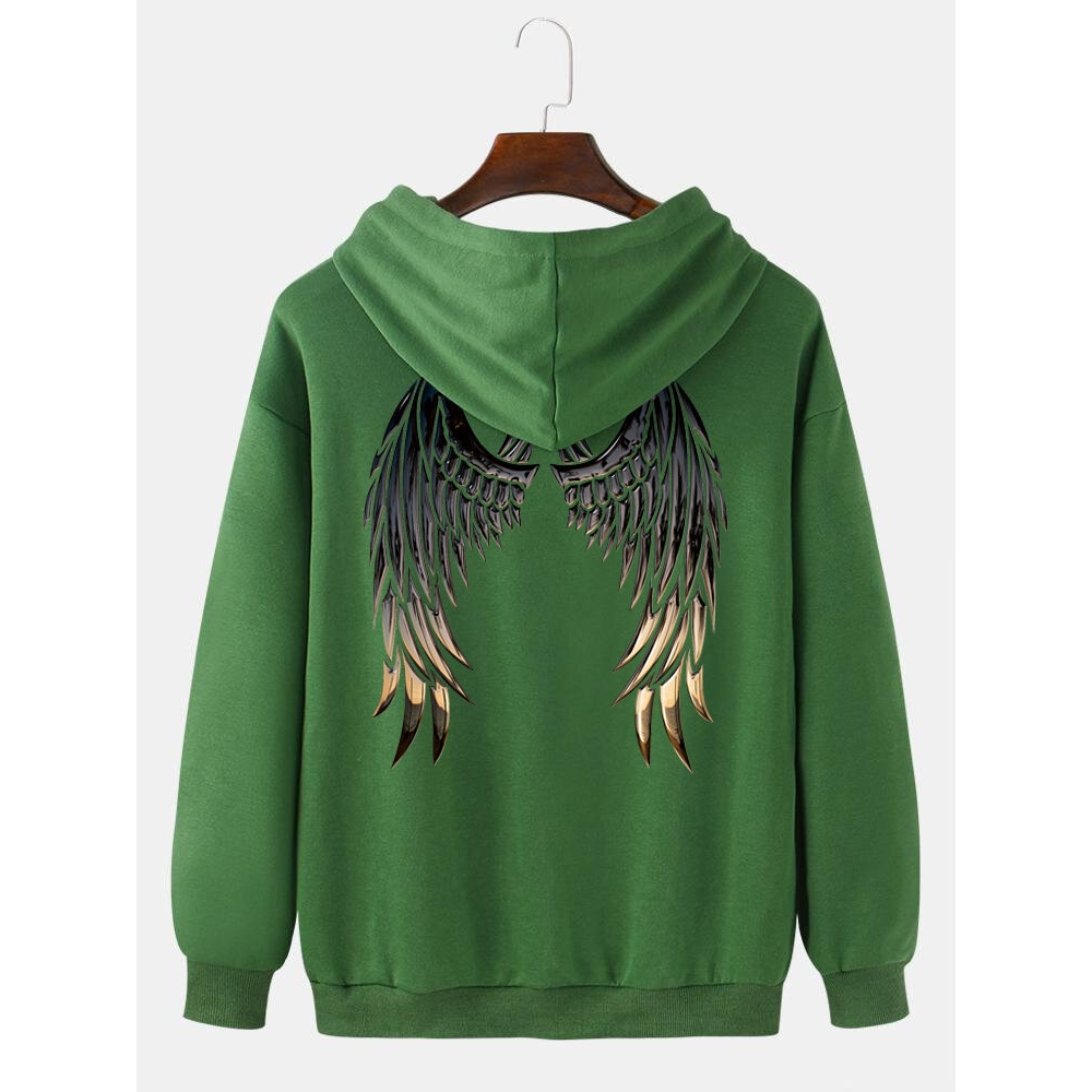 Mens Wing Back Pattern FLY Print Drop Shoulder Long Sleeve Hoodies - Black XL